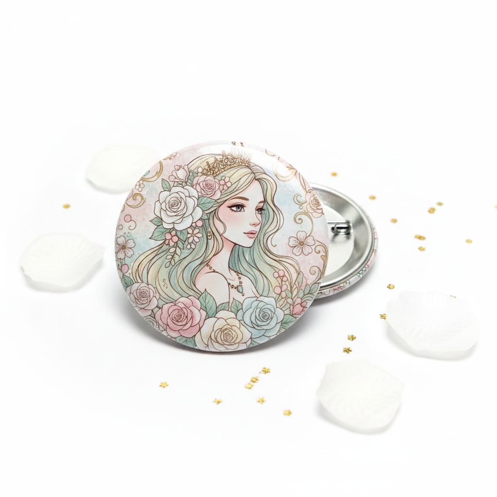 2.25-inch round pinback button with floral princess graphic, silver backing