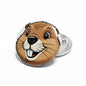 Beaver face pinback badge with smiling cartoon beaver on round brown background