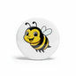 Cartoon bee pinback button (2.25 in), white circle with yellow bee and black stripes