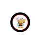 Round black pinback button with red border, white center spelling bee champion cartoon