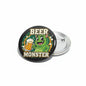 Beer monster pinback button, round black with green cartoon monster holding beer mug