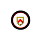 Round coat-of-arms magnet with black ring, red border, and gold shield with red banner.