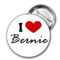 I Love Bernie pinback button, round white design with red heart and “Bernie” text