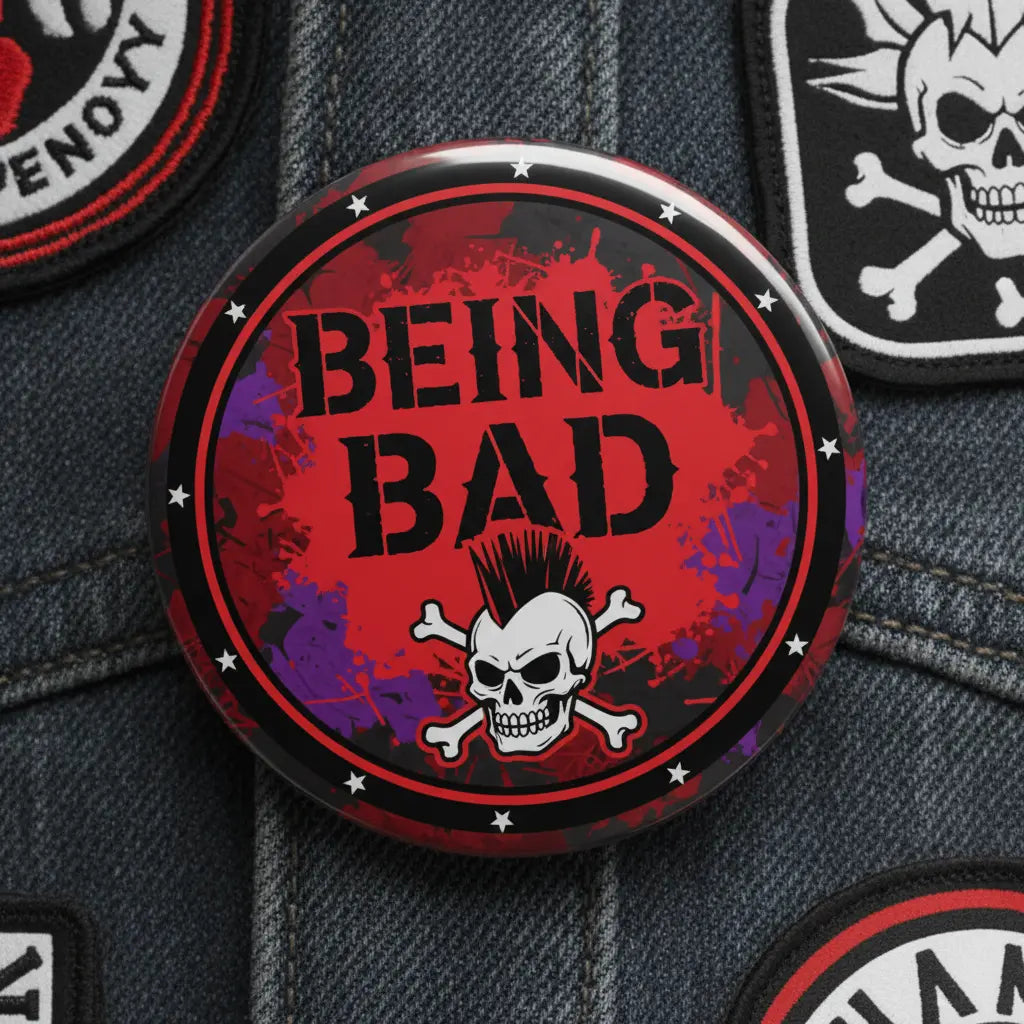 Being Bad pinback button, round metal badge with 'Being Bad' text and skull
