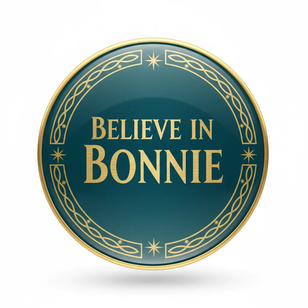 Pinback button badge with 'BELIEVE IN BONNIE' on dark teal, gold border and accents
