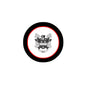 Coat of arms pinback: circular black ring with red border and gray heraldic crest