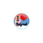 Round pinback button with “I Love Belgrade” text, heart, and city tower graphic