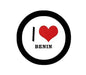 I Love Benin pinback button, black border with red heart and BENIN text