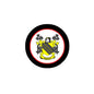 Round Bentley family crest pinback with black rim and red ring coat of arms