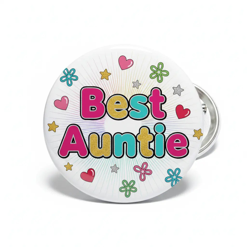 Round pinback button with "Best Auntie" text, hearts, stars, and flowers in color