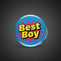 Blue circular pinback button with 'Best Boy' comic starburst design