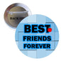 Best Friends Forever pin button with blue text and red apple icon