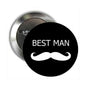 Round black lapel pin with BEST MAN text and white moustache icon, metal pin back