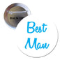 Round white pinback badge with blue "Best Man" text and silver metal backing clasp