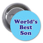 Round pinback button with blue face reading "World's Best Son" and silver metal back