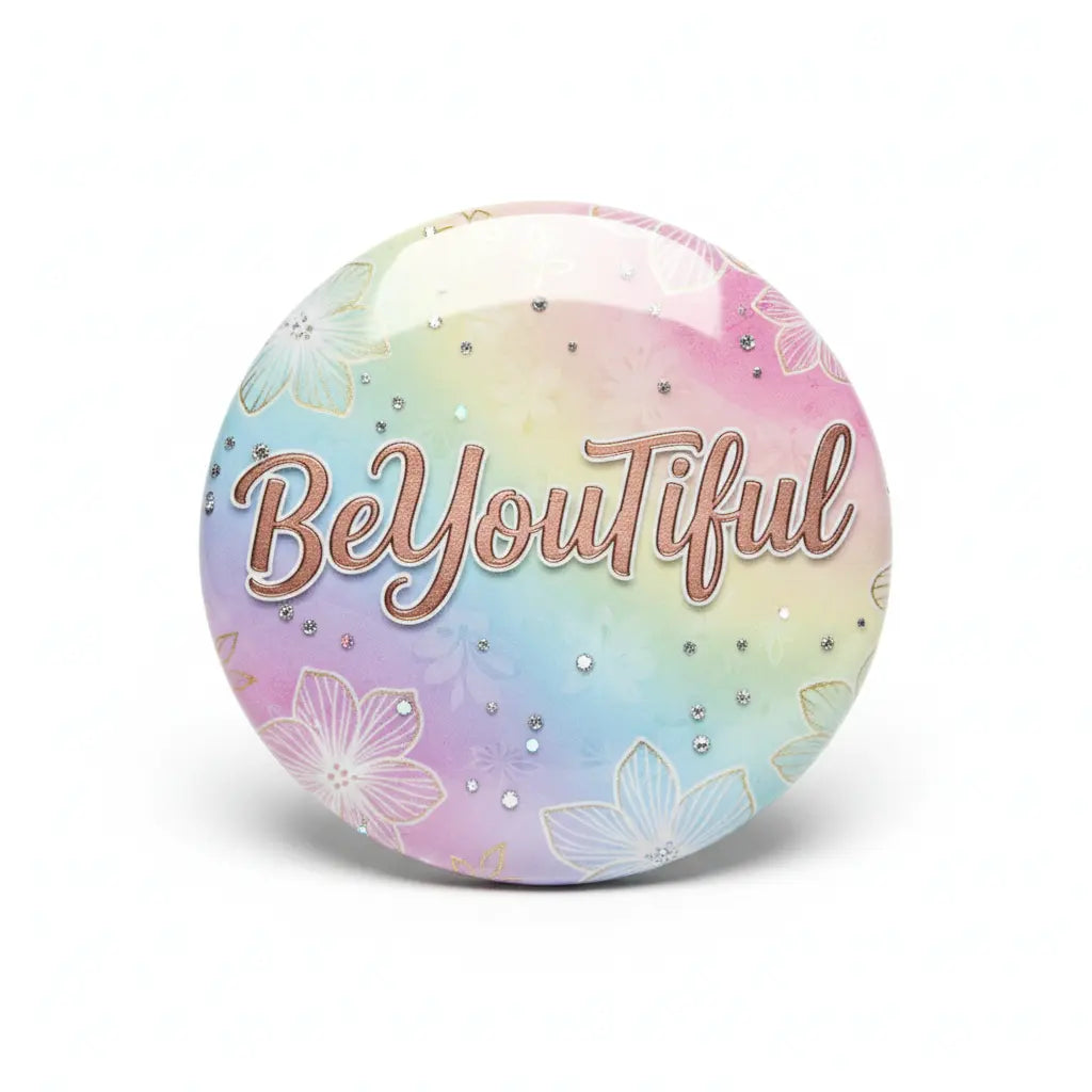 Round pinback button with 'BeYouTiful' text and pastel butterfly design