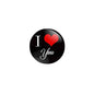 Pinback badge with red heart, black round face and 'I You' text