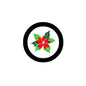 Christmas flower pinback badge with black border and red green poinsettia design