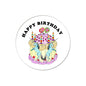 Rainbow unicorn pinback button with Happy Birthday text and birthday cake illustration