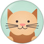 Round pinback button with cute orange cat face illustration, teal background
