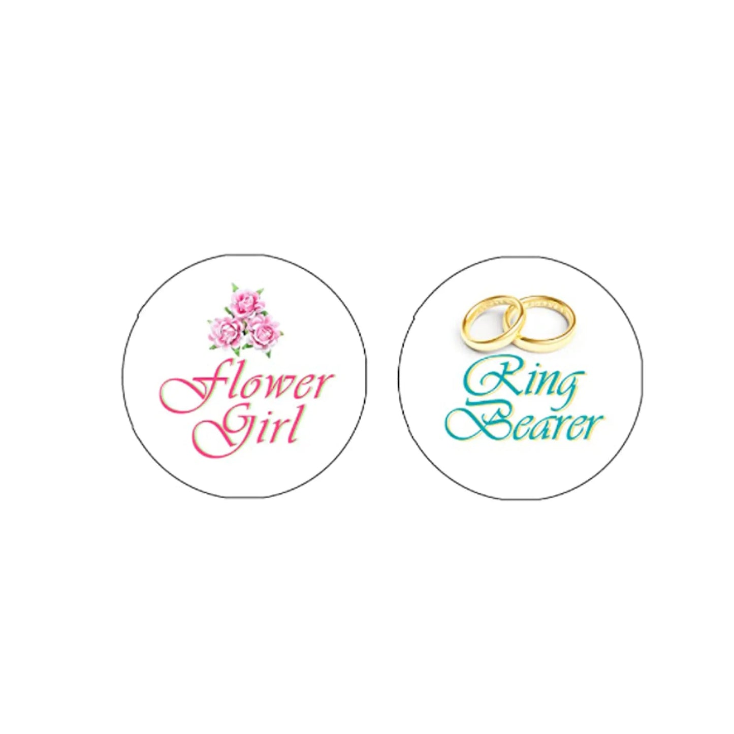Set of 2 round wedding pinback badges with 'Flower Girl' and 'Ring Bearer' text