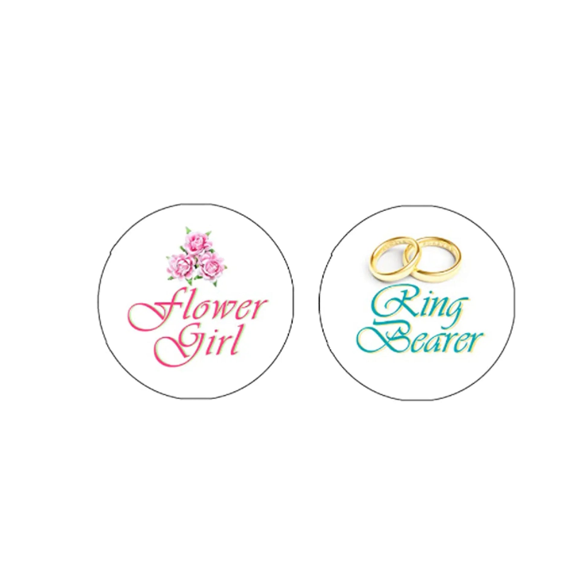Set of 2 round wedding pinback badges with 'Flower Girl' and 'Ring Bearer' text