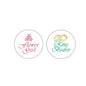 Set of 2 round wedding pinback badges with 'Flower Girl' and 'Ring Bearer' text