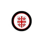Round pinback badge with black border, white center, and red coat of arms shield