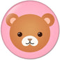 Bear avatar pinback button, brown bear face with pink background, rounded 1.25 in badge