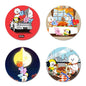 Set of four round cute cartoon character enamel badges, colorful BT-style designs.