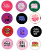 Round pinback button badges with “Girl Power” slogan in pink, purple, green, black designs