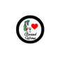Boxed wine badge pin with black border, green bottle, grapes, wine glasses, red heart, “Boxed Wine”
