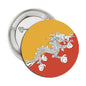 Round pinback button badge with white dragon illustration on red and gold background