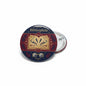 Round bibliophile pinback button with book illustration, gold text, metal clasp back