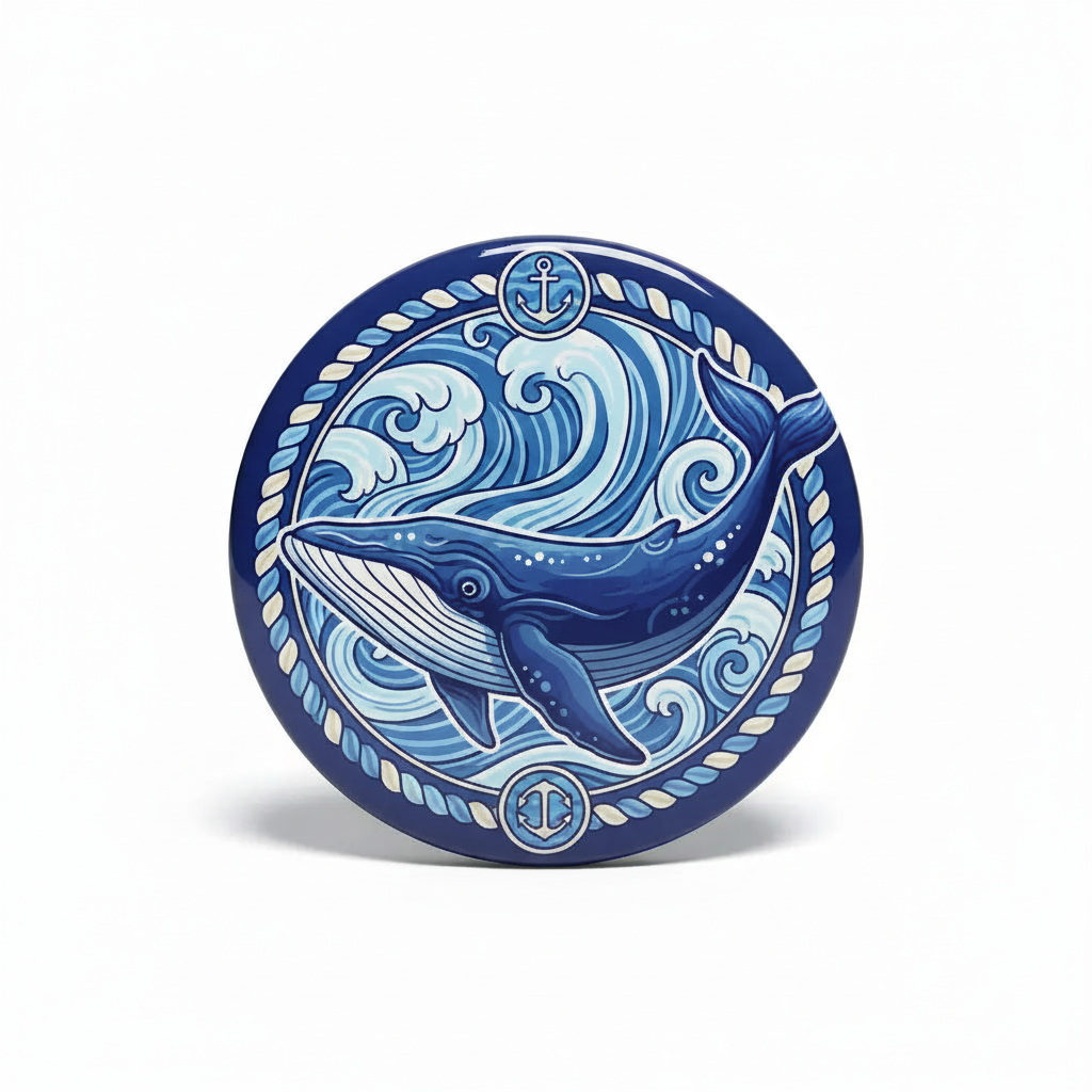 Blue whale nautical pinback button with anchor and waves, circular 2.25-inch design