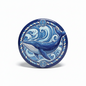 Blue whale nautical pinback button with anchor and waves, circular 2.25-inch design