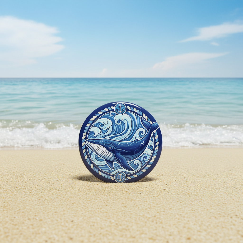Round blue whale nautical pin badge with waves and anchor, on sandy beach