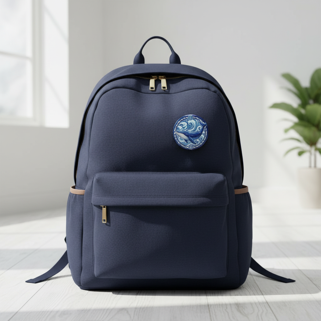 Navy backpack with round blue whale nautical pin badge on front pocket