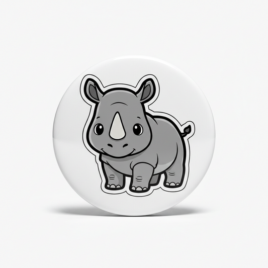 A round white button badge featuring a cute cartoon gray rhinoceros with black outlines and a white horn, displayed on a light gray background.