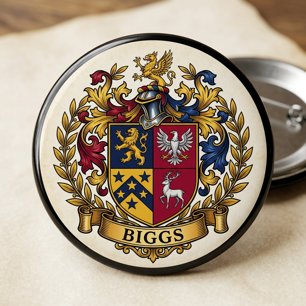 Biggs Family Crest 3-inch Coat of Arms Pinback