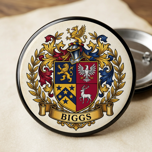 Biggs Family Crest 3-inch Coat of Arms Pinback