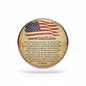 Sixth Amendment pinback with U.S. flag and quote text, circular metal badge