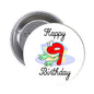 2.25-inch white Happy Birthday pinback button with cartoon 9 design