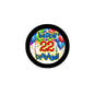 2.25-inch pinback button: black border, “happy 22nd birthday” with balloons