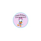 Customizable Happy Birthday pinback button, 2.25-inch, round design with cartoon duck and text