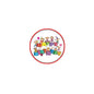 2.25-inch round Happy Birthday cartoon pinback button with red border, colorful letters