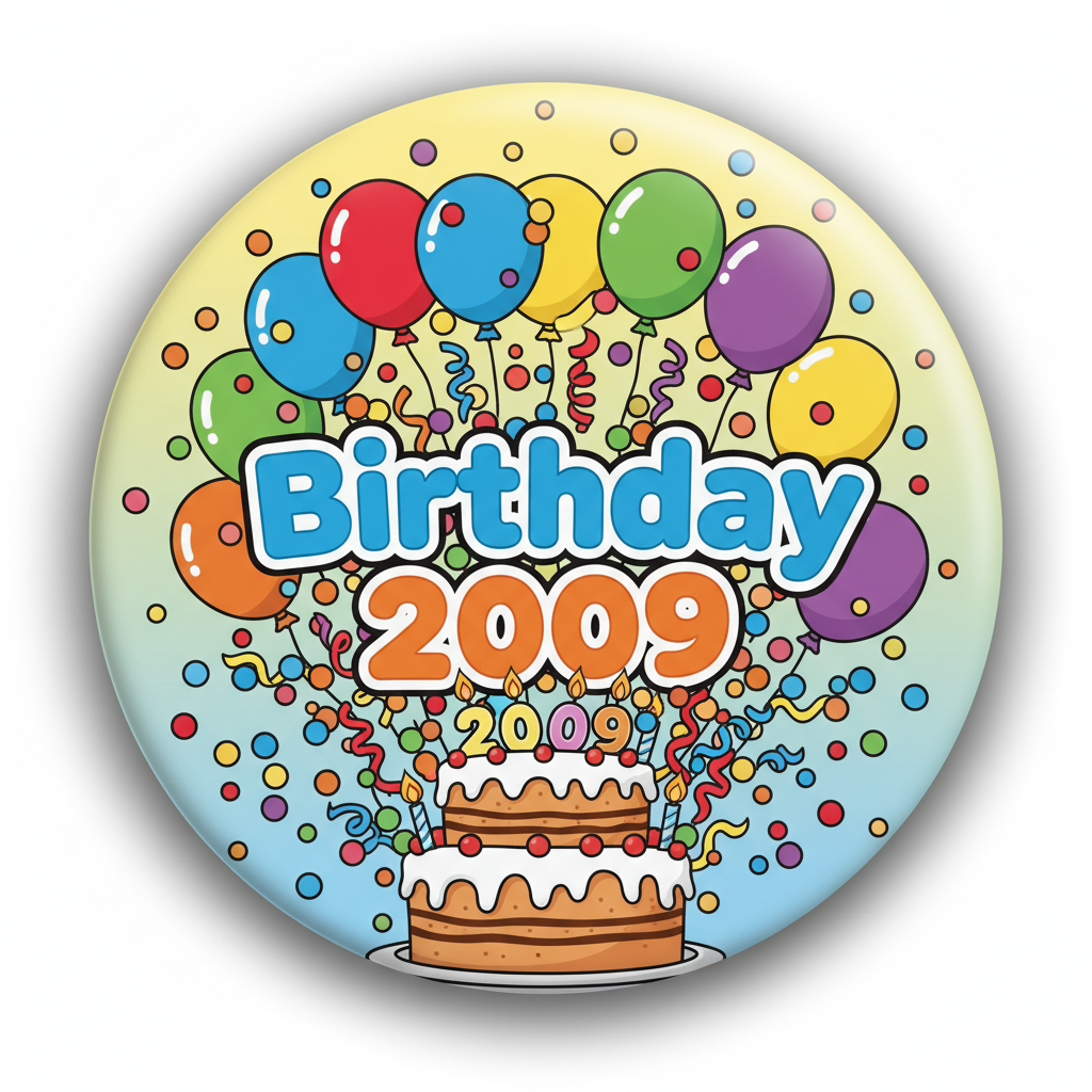 10th birthday 2009 pinback button with 'Birthday 2009' colorful cake and confetti