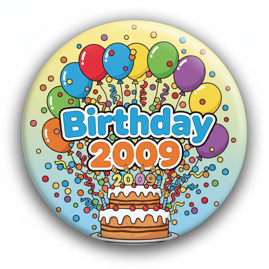 Birthday 2009 button with balloons, confetti, and a two-tier cake with candles
