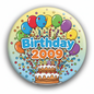10th birthday 2009 pinback button with 'Birthday 2009' colorful cake and confetti