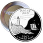 Maine state quarter mint pinback button with lighthouse, ship, and “MAINE 1820” text